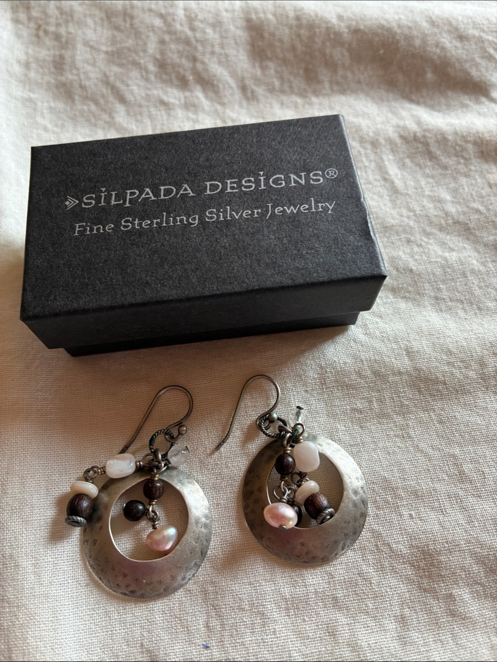 Silpada Sterling Silver Hammered Hoop Earrings -pearl, brown, brown beads W1429